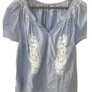 Talbots Blue White Embroidered Chambray Short Sleeve VNeck Top Large Boho Spring